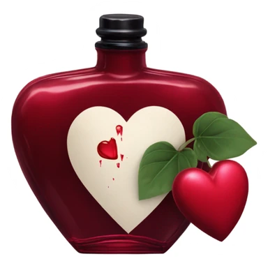 Dark red aesthetic perfume bottle with red bleeding hearts and an ink bottle sticker
