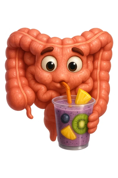 EMOJI STILE IPHONE DI un intestino umano anatomico che beve un frullato di mirtilli, ananas, kiwi, fagli anche la parte bianca degli occhi, non solo le pupille, REALISTICo 4K sticker