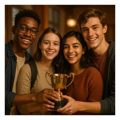 quatre jeunes étudiants ensemble, tenant un trophée, ambiance chaleureuse, style semi-réaliste, warm lighting, detailed faces sticker