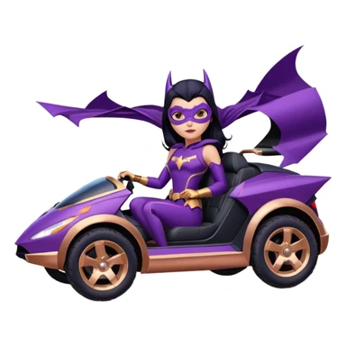 Hot full size real-appearance racing action BatGirl’s feminine midnight-purple tight outfit sixty’s tv show 1992 stealth retro cat burglar sporty petite off-road pursuit hovering hover cruiser car rose gold accents (black hair,reclined and relaxed seating position and attitude) desert sticker