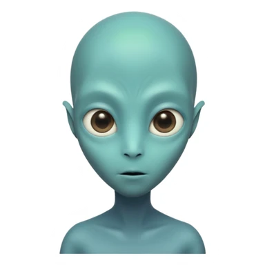 Portrait of an alien with smooth greenish-blue skin, large black oval eyes, small nose, and no visible ears, elongated head, front-facing, wearing brown t-shirt, soft glow, simple futuristic design sticker