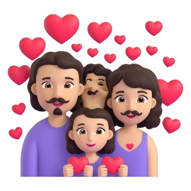 couple emoji: pale girl with long straight dark brown hair, no facial hair; tan boy with short black curly hair, small goatee and separate mustache; hearts around them sticker