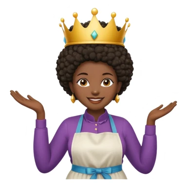 Mujer curvy afro, con vestimenta cómoda y delantal,con una corona sobre su cabeza y sonrisa contagiosa.  sticker