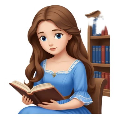 Cinematic Elegant Belle Portrait Emoji, Sitting with an open book, eyes dreamy with thought, her iconic blue village dress draped gracefully, exuding intelligence, kindness, and timeless charm! sticker