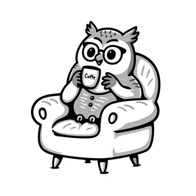 wise owl drinking coffee sitting in an armchair, hand drawn doodle style sticker