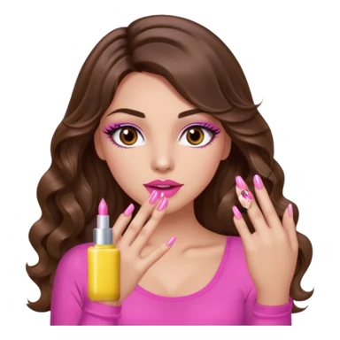 girl with long wavy brown hair, brown eyes, light to medium complexion, in a pink sexy top, pink lips, long lashes, puckered lips, showing my manicure sticker