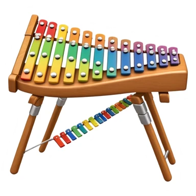 Create a vibrant and detailed emoji representing a professional wood xylophone. The design should feature the sleek wooden keys of the xylophone, arranged neatly on the frame, with metal bars clearly visible. Add the mallets placed beside the instrument or in motion, highlighting their soft rubber heads. Use warm, natural wood tones for the keys, with subtle metallic accents to reflect the professional quality of the instrument. Add small musical notes or soundwaves around the xylophone to evoke its bright, percussive sound. The background should be transparent. sticker