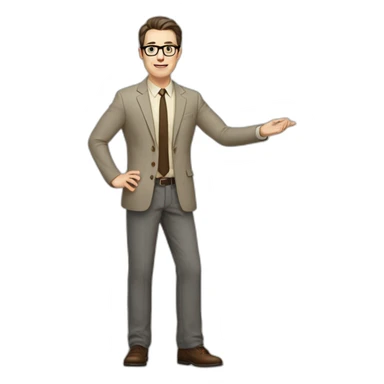 Full height Actively Gesturing Pale skinned fit man with dark brown hair in gray jacket, beige office shirt, brown tie, brown pants and vintage glasses. sticker