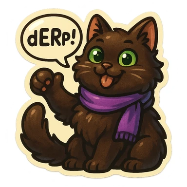 Fluffy cute playful silly smiling happy dark-brown cat with green eyes and a purple scarf saying ‘dErP~!’ (With a speech bubble) sticker
