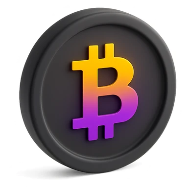 3D black style Bitcoin coin with a bold Bitcoin symbol, yellow-orange-purple-violet gradient sticker