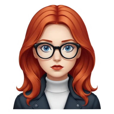 Nữ 25 tuổi, da trắng, tóc dài xoăn nhẹ màu đỏ, gọng kính màu đen, mắt kính màu xanh dương , mặt nghiêm túc, lông mi dài, trang điểm khá đậm, áo khoác cổ cao màu đen, áo trong màu trắng sticker