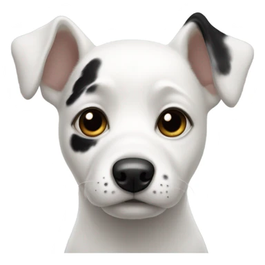 White dog with black patch eyes and ear sticker