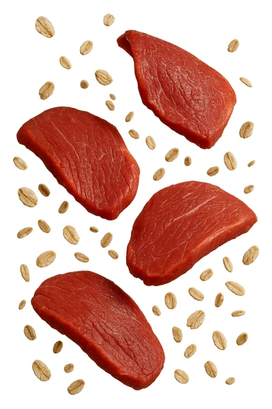 FETTINE DI CARNE FLUTTUANO IN ARIA INSIEME A FIOCCHI DI AVENA, IPERREALISTICO 4K sticker