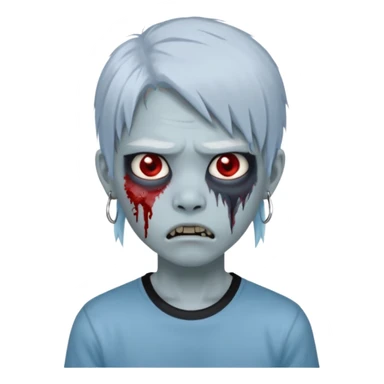 Create a 3D emoji-style avatar with very pale blue-grey zombie skin like the reference image, a young Asian face, and large eyes with blood tears. Give it white mullet-style hair, silver hoop earrings, and a simple black T-shirt. The face expression should be slightly angry sticker