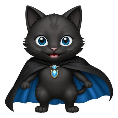 an all black anthropomorphic cat with blue eyes wears an all black cape and is smiling a mischievous sharp tooth grin sticker