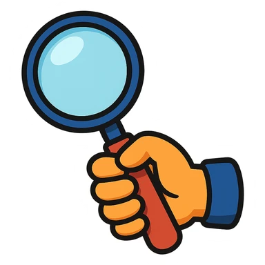 a hand with a magnifying glass, cartoon style sticker