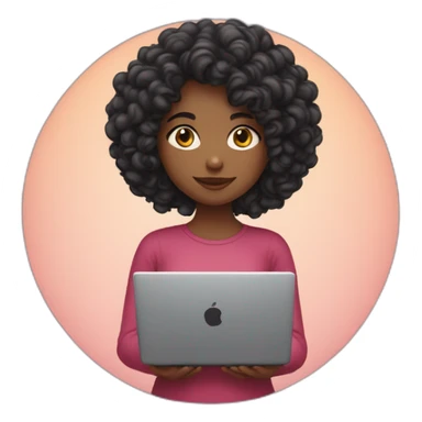 girl with long curly dark hair, with a laptop in her hands and hearts behind her back sticker