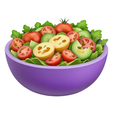 Modern premium 3D emoji icon: salad bowl (🥗), smooth rounded shapes, matte + subtle gloss, top-left studio light, soft shadow. Purple bowl with lavender rim; ingredients in natural colors, all sliced/chopped (no whole tomatoes). Centered, transparent background, no text sticker