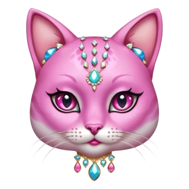 glamorous cat portrait, head and shoulders only, exaggerated pink makeup, bright eyeshadow, long eyelashes, shiny blush cheeks, sparkling face gems, glitter accents, elegant earrings, fantasy beauty style, cute 3D cartoon, mobile game icon style, clean background, no text, no watermark
 sticker