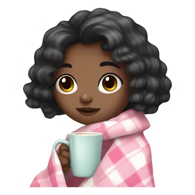 A cute black hair girl wrapped in pastel pink plaid blanket drinking coffee sticker