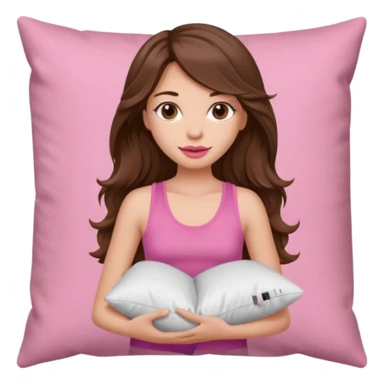 girl with long wavy brown hair brown eyes eyelashes lip liner lip gloss pink tank top holding pillow portrair size sticker