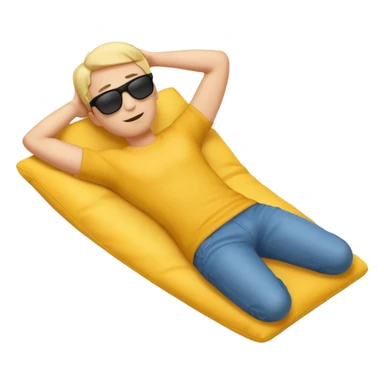 A full-body emoji man, with classic yellow skin tone, lying down or leaning back in a relaxed pose. He is wearing sunglasses and has both arms behind his head. The style should match standard emoji designs (like Apple sticker