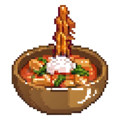tteokbokki, spicy Korean rice cakes, pixel art, small bowl, steam, cute sticker