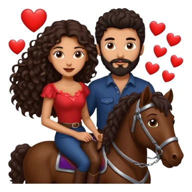 pareja de Mujer morena rizada cabello largo castaño ojos oscuros y hombre piel blanca con caballo oscuro con barba y ojos marron alrededor de la pareja corazones sticker