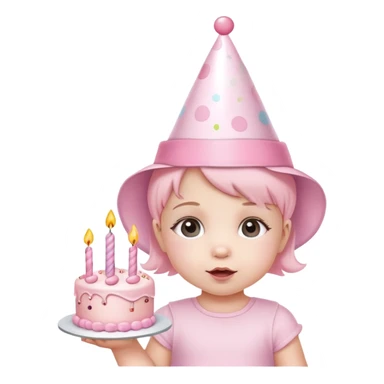 cute baby girl with pastel pink birthday hat and pink birthday cake sticker