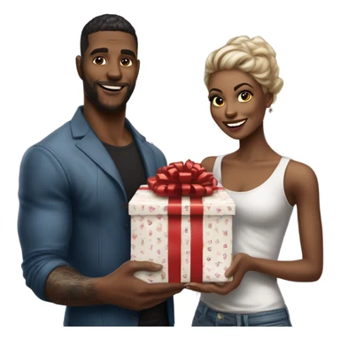 Hyper Realistic beautiful woman receiving a gift and a box of chocolates from a handsome tattooed man  sticker