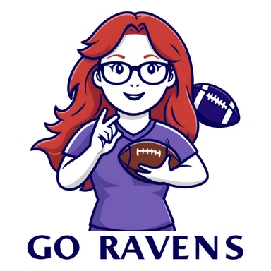 Make a sticker of a 50 year-old with glasses attractive woman throwing a football. She has long red hair and she’s saying go ravens sticker