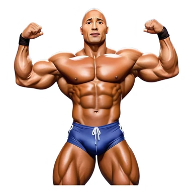 Dwayne 'The Rock' Johnson on stage at the Mr. Universe bodybuilding competition, covered in oil, flexing his powerful muscles. His physique shines under bright stage lights, showcasing his strength and dedication. The audience and judges are blurred in the background. Transparent background. sticker