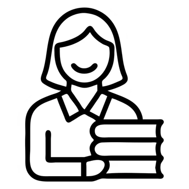 teacher with brown hair holding books, modern flat icon style, minimal details sticker