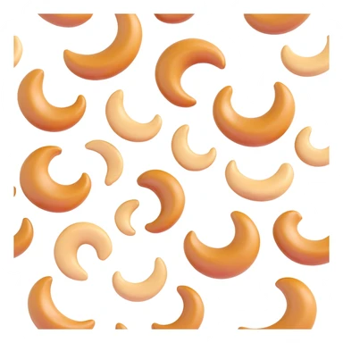 Clean 3D emoji-style illustration of several cashew nuts, curved crescent-shaped, smooth slightly wrinkled beige surface, glossy roasted look, pure white background sticker