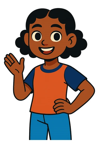 colorful cartoon of a brown-skinned girl with short black curly hair parted in the middle, brown eyes sticker