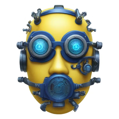 Yellow cyborg head with dark blue steampunk goggles and circuitry sticker