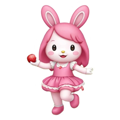 My melody dancing in a meadow of flowers while eating a strawberry sticker