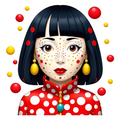 Yayoi Kusama – Cinematic Realistic Portrait of old Japanese artist Yayoi Kusama, depicted as an avant-garde artist with an eccentric, captivating expression surrounded by her iconic polka dot patterns, rendered with vivid textures and imaginative lighting that evokes her unique, surreal creative world. sticker