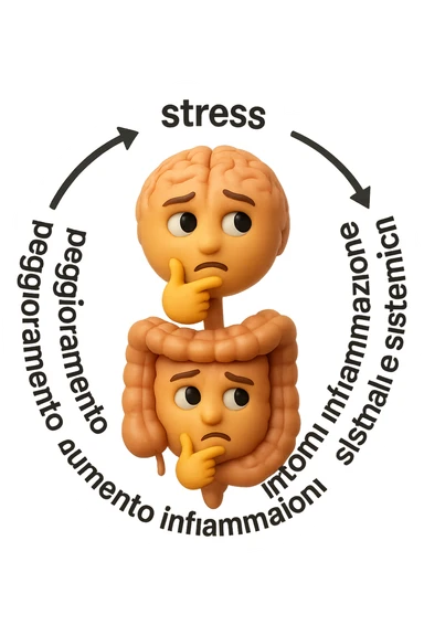 EMOJI STILE IPHONE 3D DI un cerchio con queste scritte che girano intorno "stress → peggioramento intestinale → aumento infiammazione → peggioramento sintomi intestinali e sistemici." al centro del cerchio metti un cervello e intestino umani collegati verticalmente con espressione dubbiosa in volto, FALLO MOLTO REALISTICO IN 3D sticker