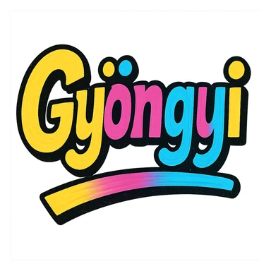 Gyöngyi name in modern colorful gradient font with dark outline, dynamic slanted or partial underline, in the style of reference patterns sticker