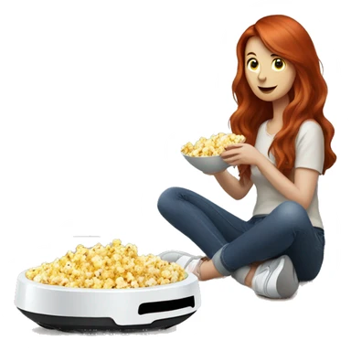 A redhead lady with long hair eating popcorn sitting down watching a robot vacuum  sticker