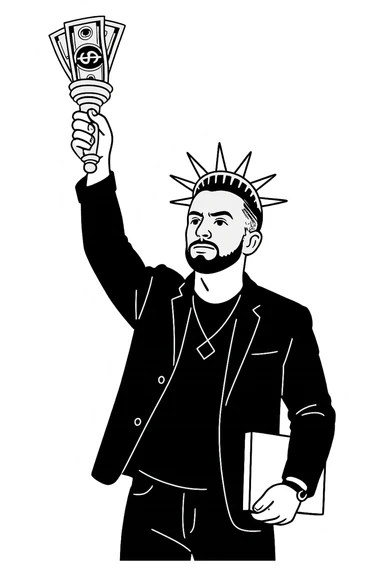 Используя такую стилистику как на картинках сгенерируй героя с фотографии, который в том же костюме стоит в позе Статуи Свободы держит в руках факел, где вместо пламя купюры, прозрачный фон sticker