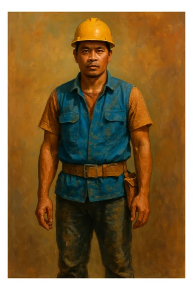 Сгенерируй мне в стиле реалистичной, яркой живописи строителя в каске внешности индонезиата, азиата. На однородном фоне. В полный рост sticker