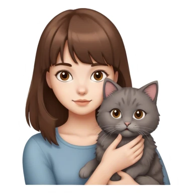 a girl with fair skin and brown hair with bangs holds a gray fluffy cat in her hands sticker