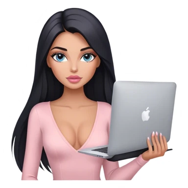 Glamours, tanned, very beautiful girl, with big pump peach-beige-rose lips, long lashes, black straight smooth silky long hair, straight parting hair, blue-grey eyes, in light-pink v-neck bodysuit holding MacBook sticker
