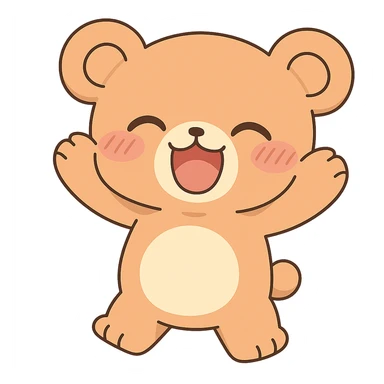 Transform the anime style happy bear into chibi style with exaggeratedly cute proportions, keeping no background. Maintain the anime aesthetic while emphasizing cuteness and chibi proportions. sticker