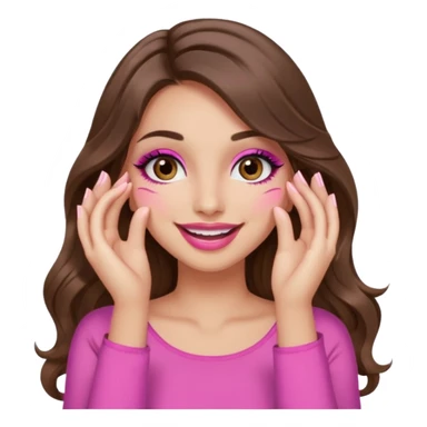 girl with long wavy brown hair, brown eyes, long lashes makeup, sexy pink lips, light to medium complexion, pink sexy top, smiling, hand covering eyes sticker
