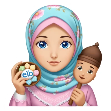 Turkish beautiful finish Konya girl blue eyes with pastel floral hijab islamic dress and had on her hand text Eid Mubarak with sweets and celebrating with her friends eid days   sticker