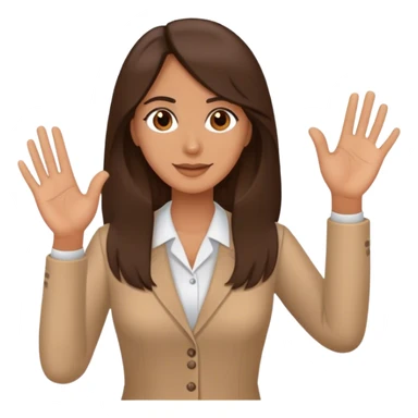 A teacher with long brunette hair and brown eyes, saying hallo with the hand sticker
