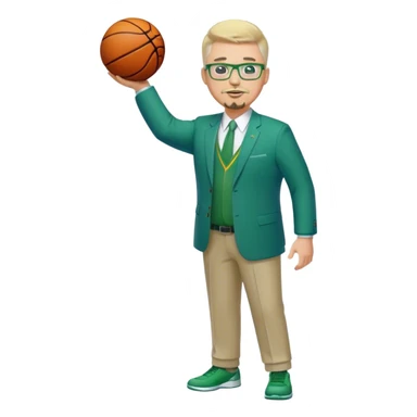 Full Body white male plus size wearing glasses with a goatee with light blonde and gray very short hair happy basketball head Coach in blue and green suit sticker